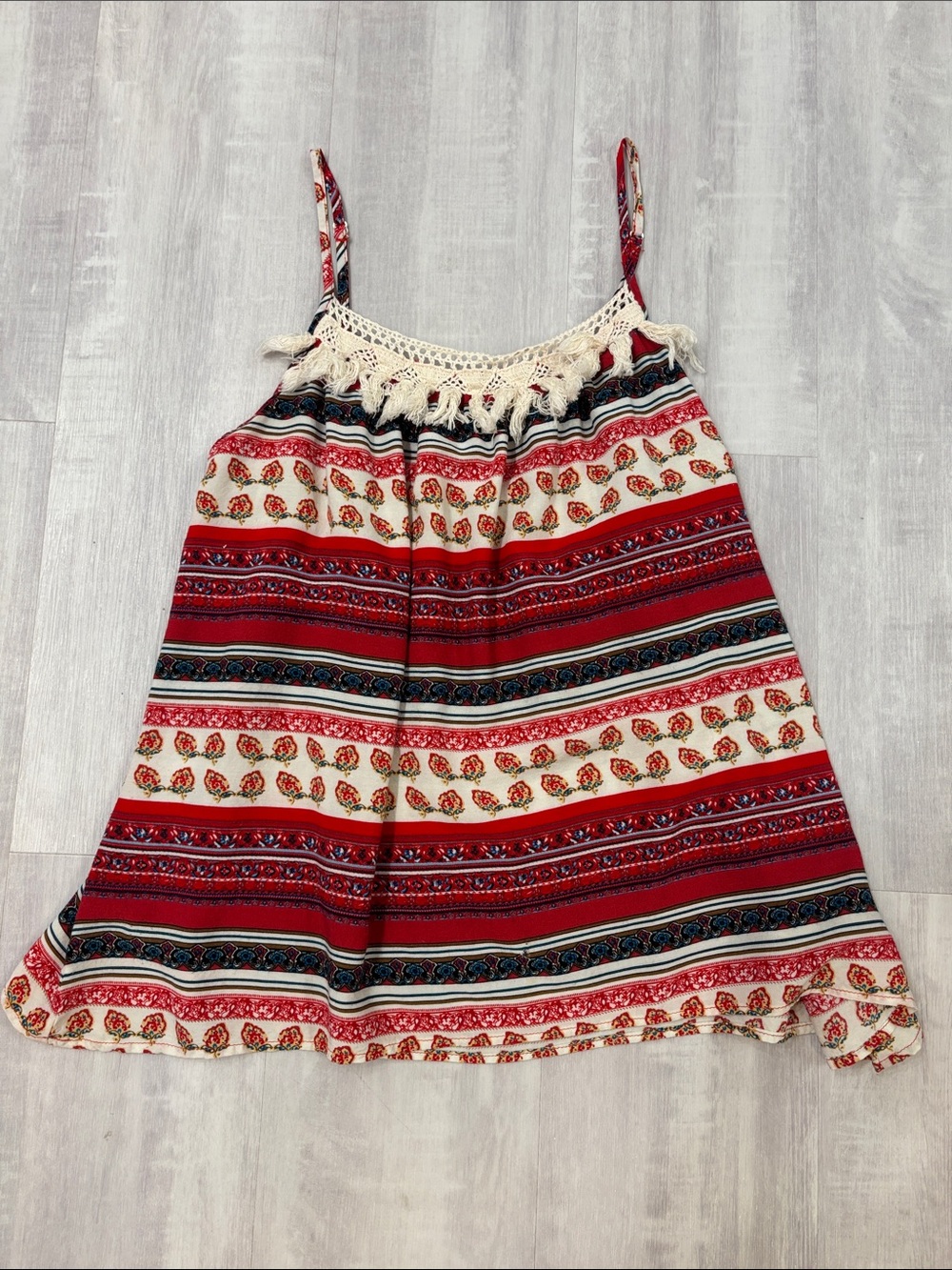 Umgee Red and Cream Striped Tassel-Trim Tank Top Large